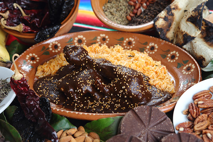 Chicken with mole poblano and red rice