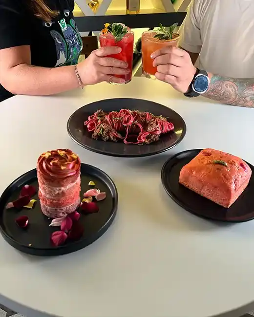 Beet tagliatelle with lamb